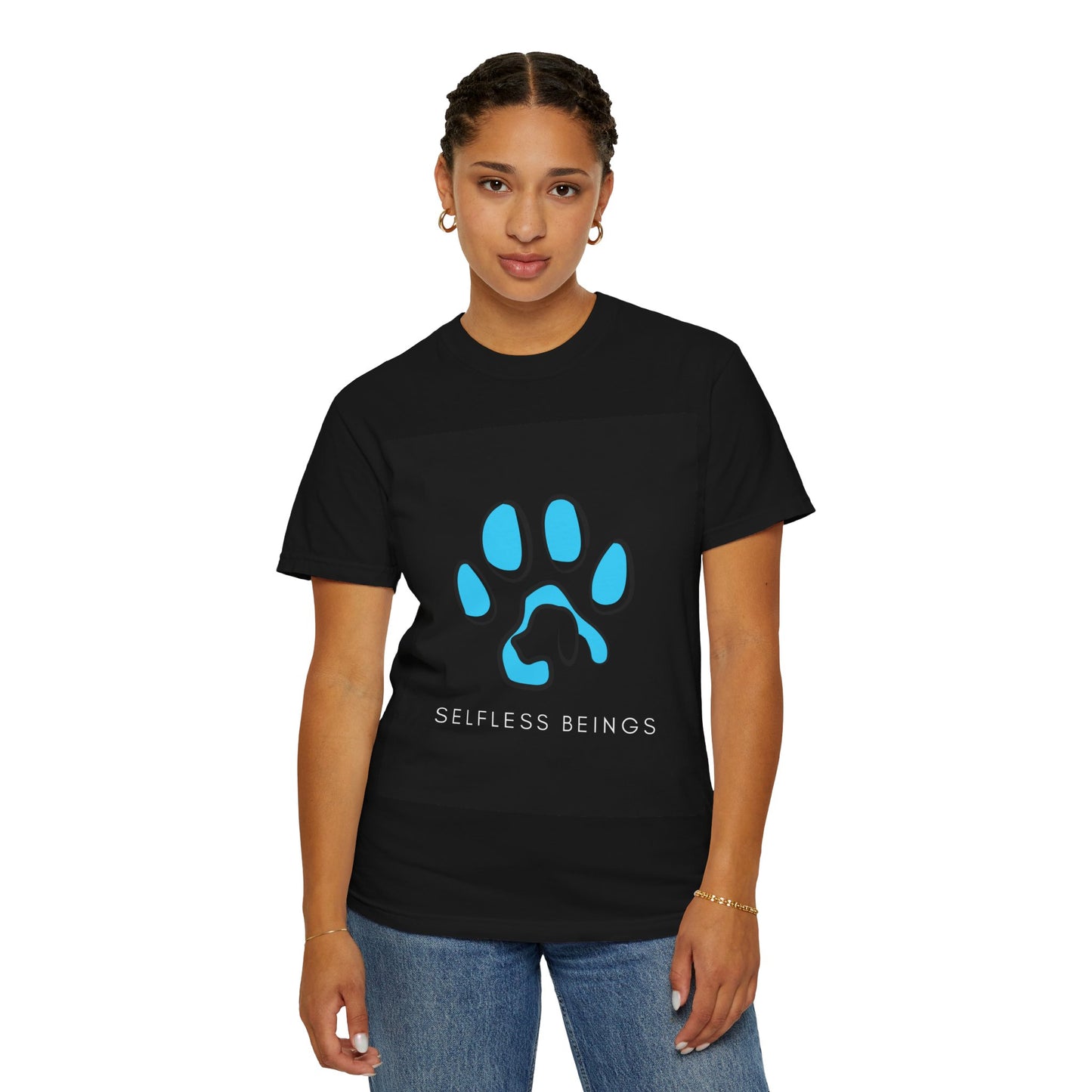 Unisex Dog Lover T-Shirt With Graphic of Blue Colored Dog Paw's Print Whose Metacarpal Contains a Design of Black Dog and Caption Selfless Beings Below