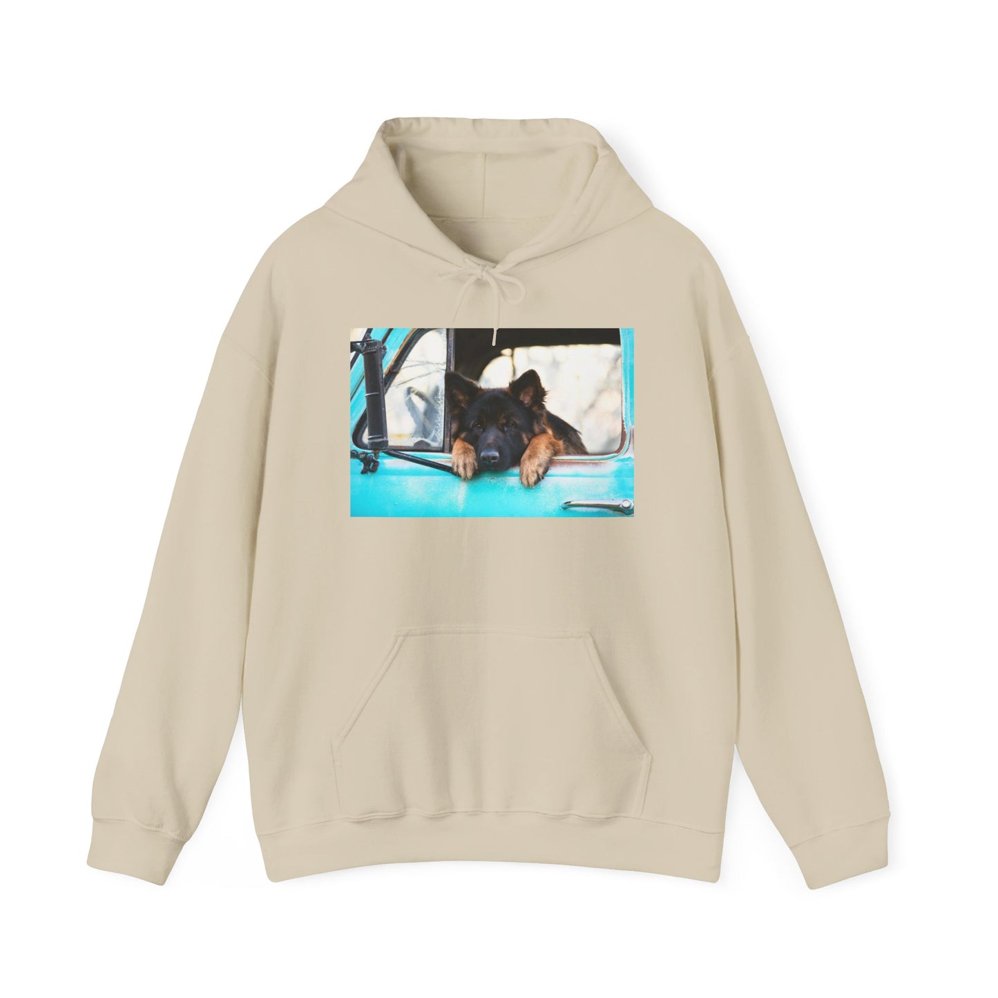 Unisex Dog Lover Hoodie With German Shepherd Puppy Putting His Head and Front Legs On The Truck Seat's Window