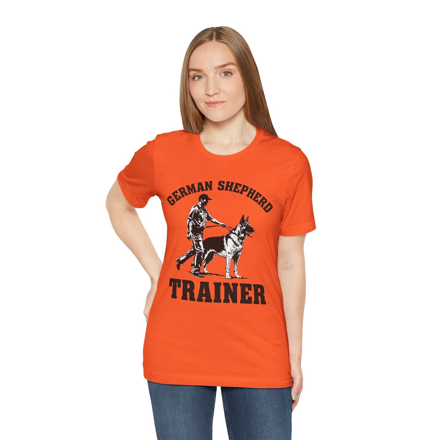 German Shepherd Trainer Tee - Black and White Design of Man Holding a German Shepherd