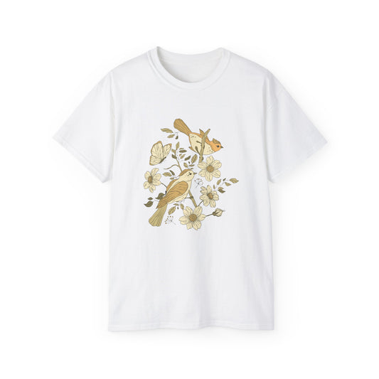 Nature-Inspired Unisex Tee, Floral Bird Print T-Shirt, Gift for Nature Lovers, Spring Fashion, Eco-Friendly Casual Wear