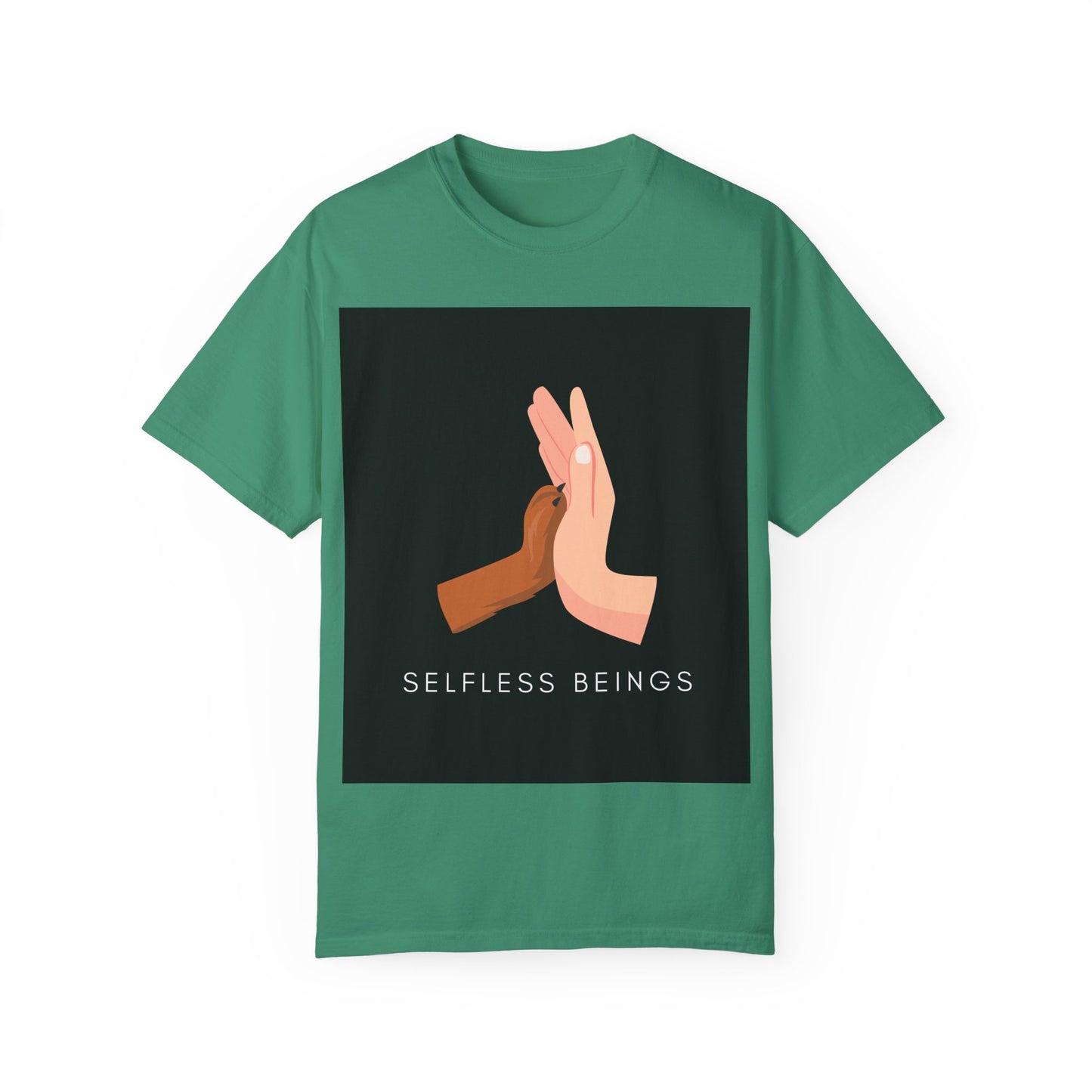 Unisex Dog Lover T-Shirt With Graphic of Human Hand Touching Dog's Paw and Selfless Beings Caption Below