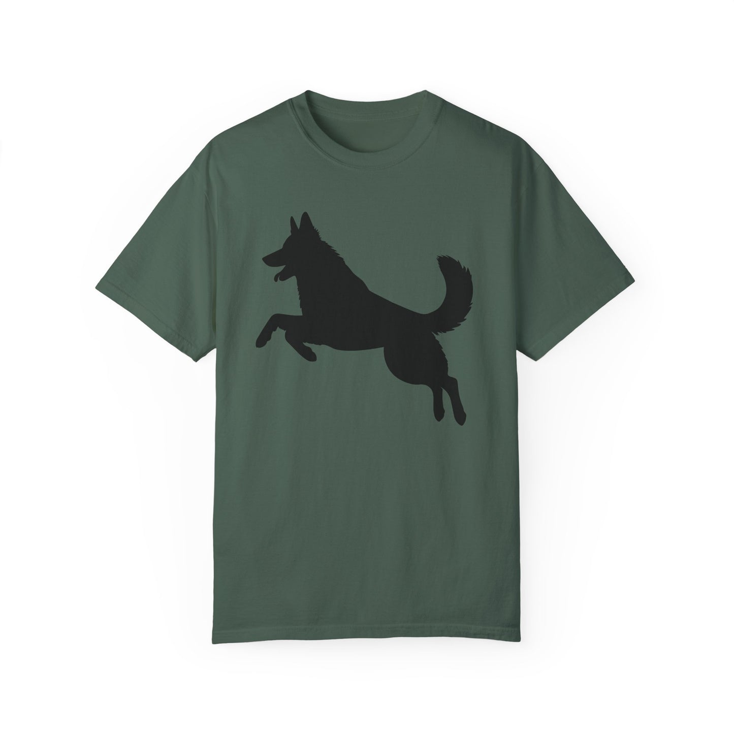 Unisex Dog Lover T-Shirt With a Graphic of Solid Black German Shepherd Jumping in the Air