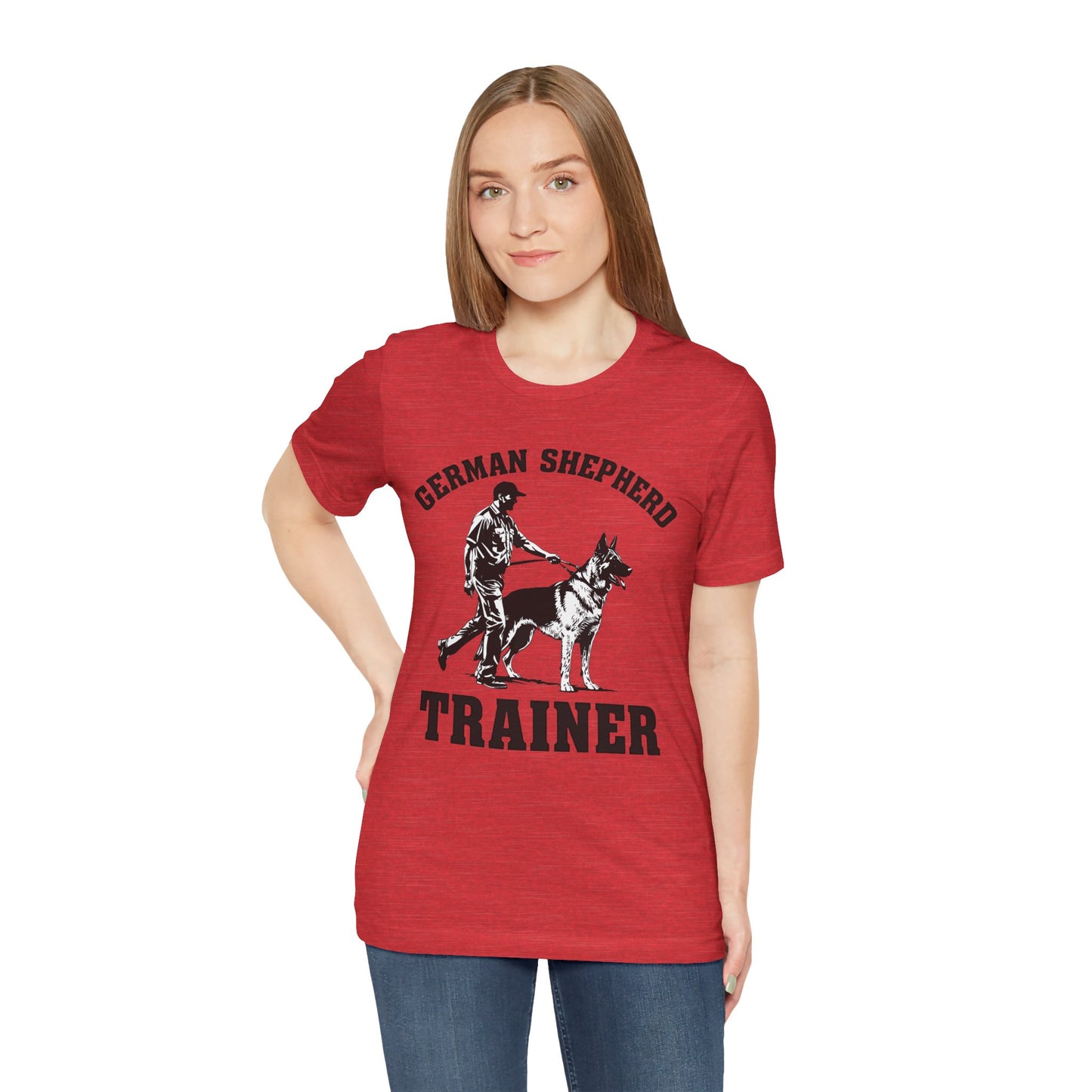 German Shepherd Trainer Tee - Black and White Design of Man Holding a German Shepherd