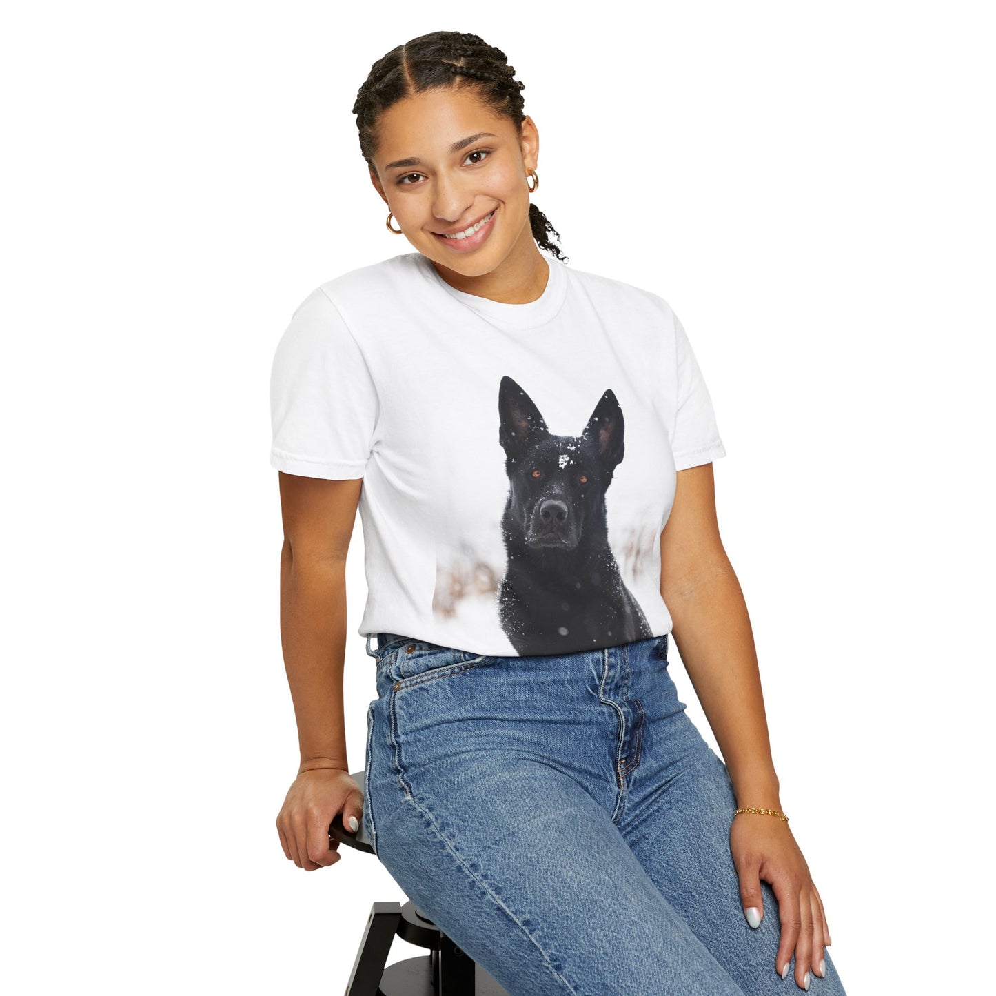 Unisex Dog Lover T-Shirt Featuring a Giant Black Working Line German Shepherd in the Snow