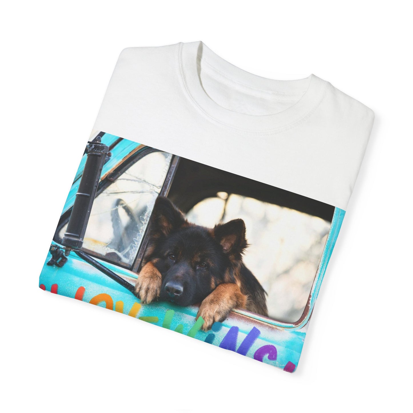 Unisex T-Shirt With German Shepherd Puppy Putting His Head and Front Legs On The Truck Seat's Window and Caption Love Wins