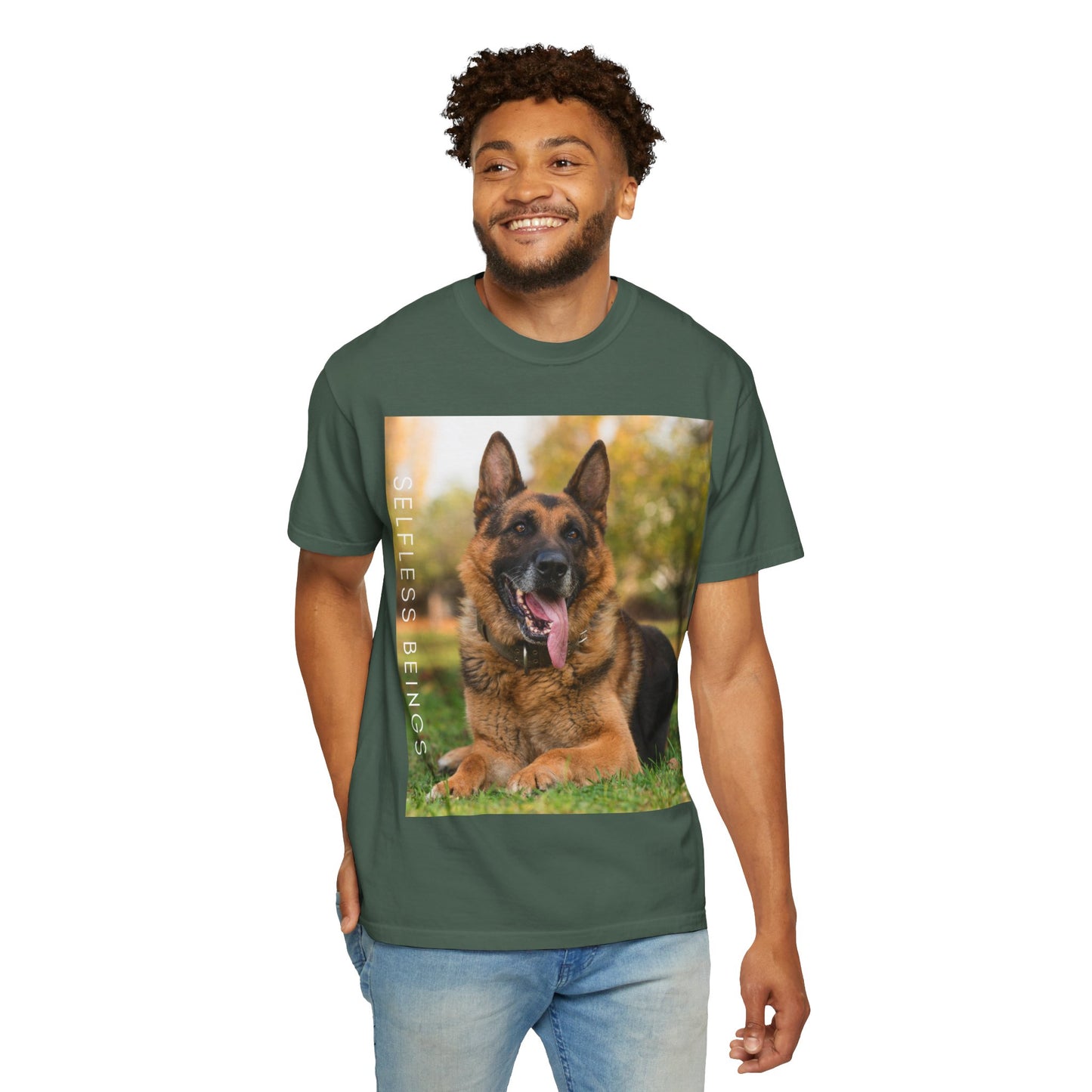 Unisex Dog Lover T-Shirt With Giant German Shepherd Relaxing on the Grass Leaving Tongue Out and Caption Selfless Beings