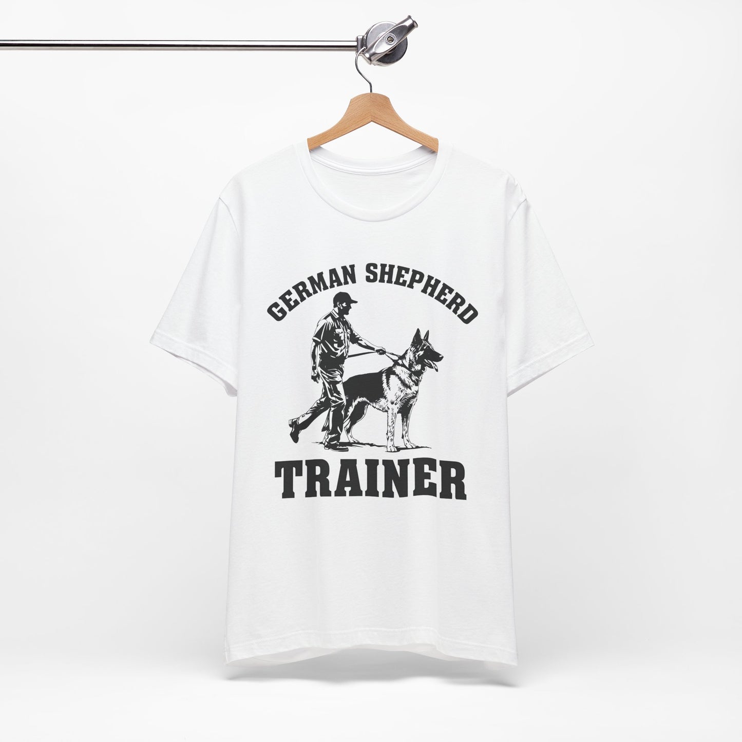German Shepherd Trainer Tee - Black and White Design of Man Holding a German Shepherd