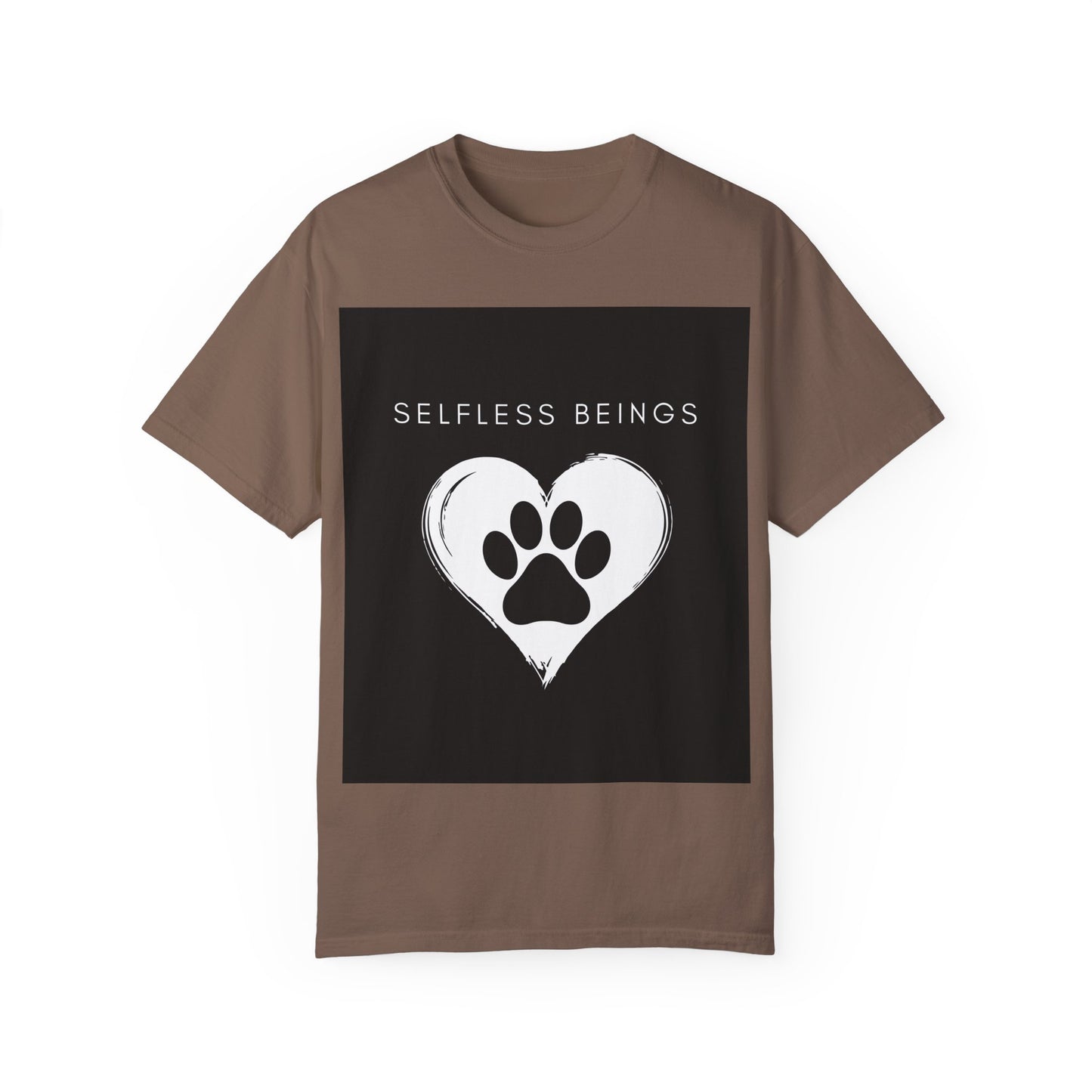 Unisex Dog Lover T-Shirt With Black Paw Print of a Dog Inside a White Heart and Caption Selfless Beings