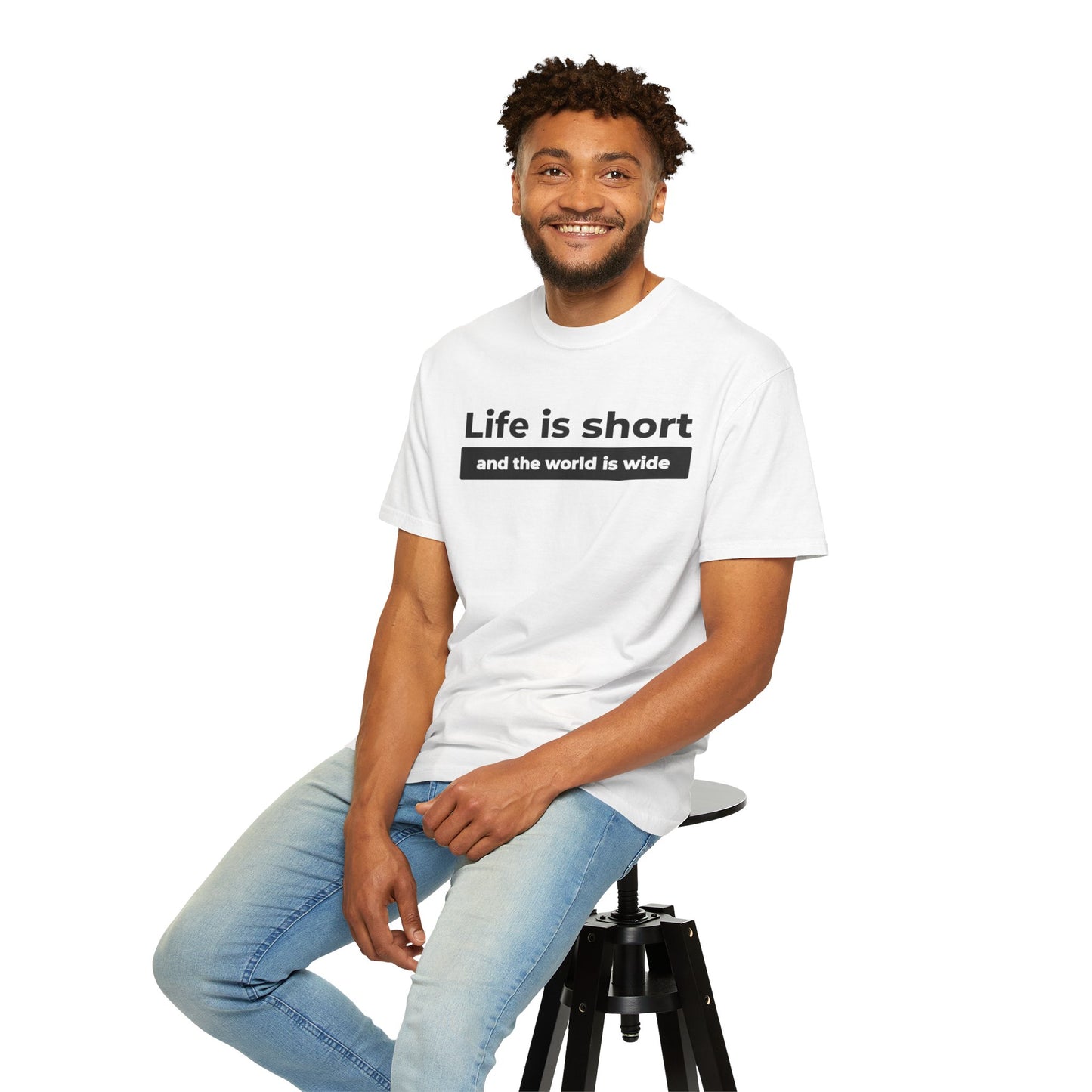 Garment-Dyed T-Shirt with Inspirational Quote | Life is short and the world is wide, Casual Wear, Unisex Style, Gift for Travelers