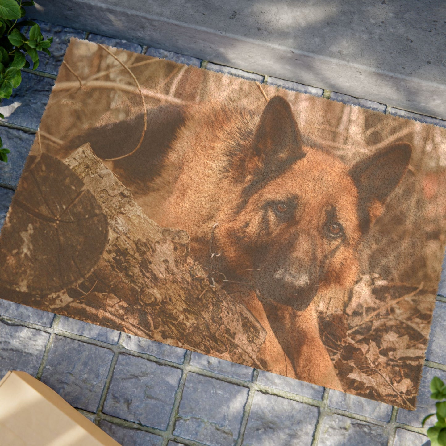Doormat Featuring A Surprised German Shepherd Sitting on the Leaves