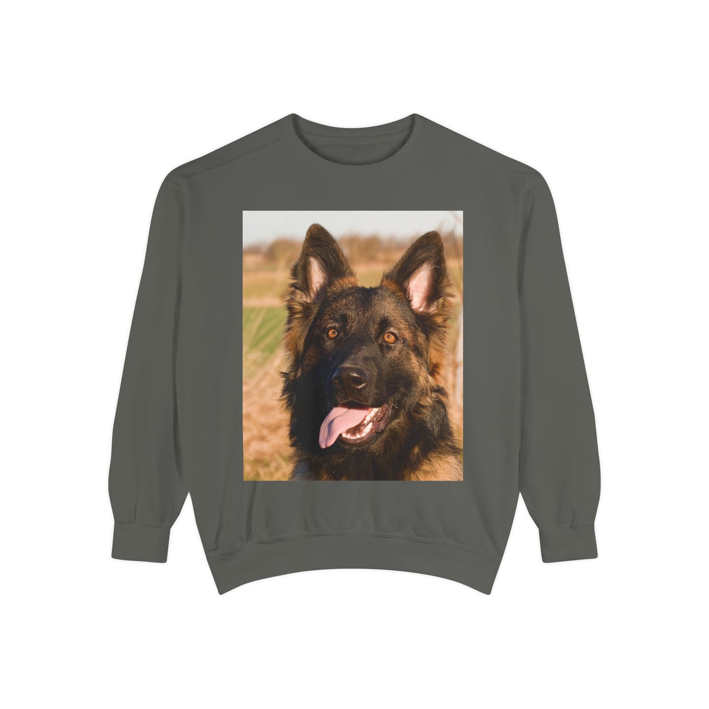 Unisex Dog Lover Sweatshirt With Close Up of Long Coat German Shepherd Sticking Tongue Out