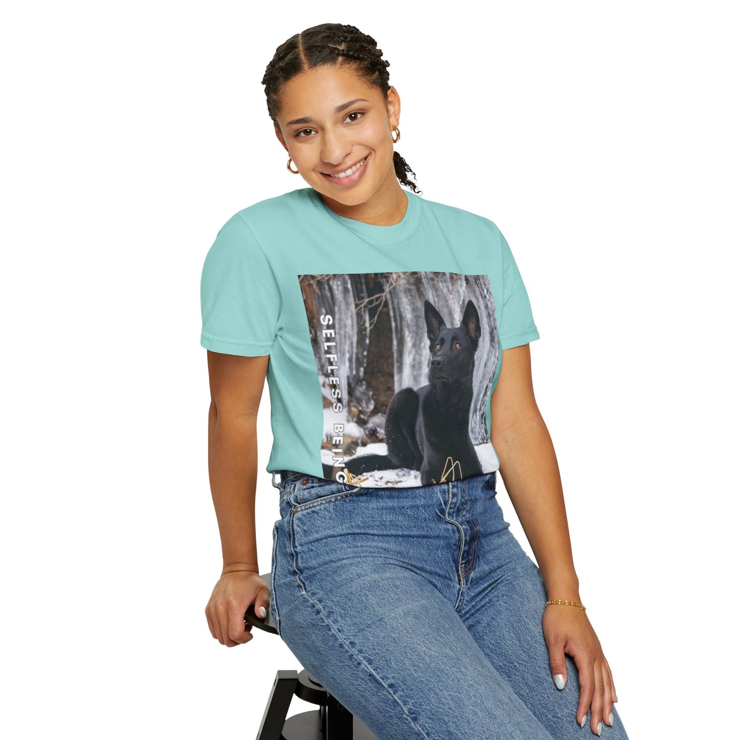 Unisex Dog Lover T-Shirt With Solid Black German Shepherd Sitting on the Snow, Ice Spikes in the Background and Caption Selfless Beings
