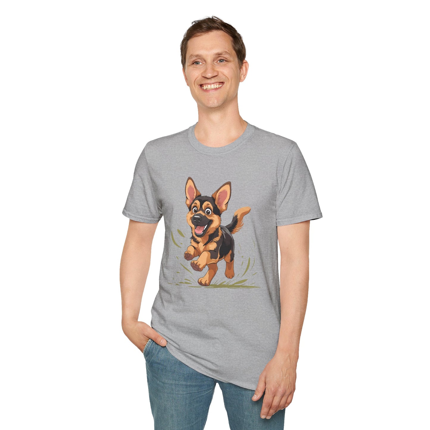 Cute Playing Puppy Graphic Unisex Softstyle T-Shirt, Dog Lover Gift, Casual Wear, Animal Theme Shirt, Perfect for Birthdays, Pet Owners
