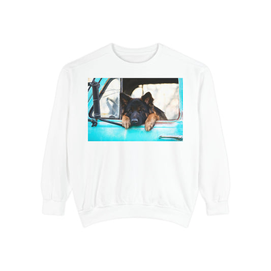Unisex Dog Lover Sweatshirt With a German Shepherd Puppy Putting His Head and Front Legs On The Truck Seat's Window