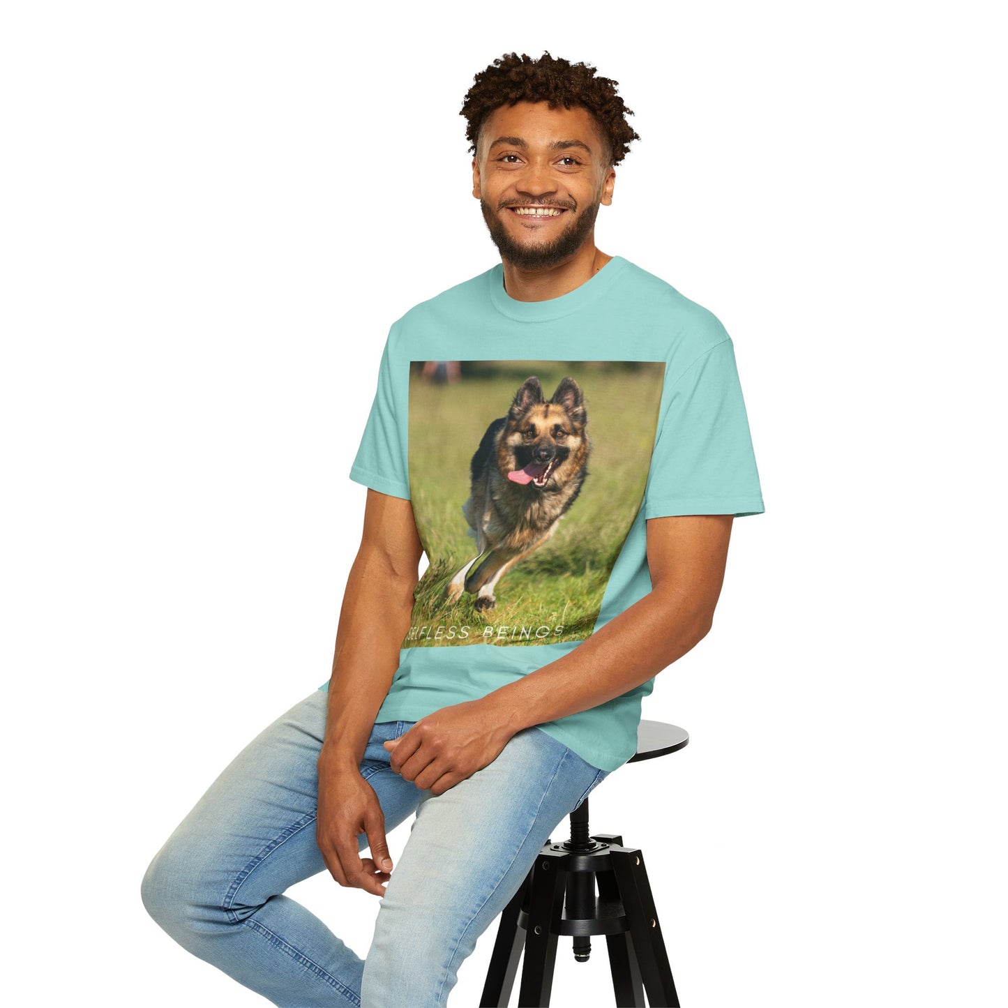 Unisex Dog Lover T-Shirt With Beautiful German Shepherd Running on the Field Leaving Tongue Out and Caption Selfless Beings