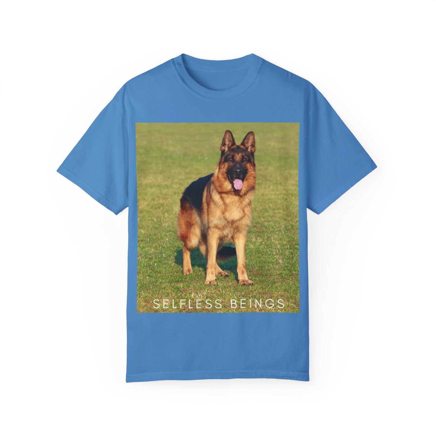 Unisex Dog Lover T-shirt With a German Shepherd on the Sports Grass Field and Caption Selfless Beings