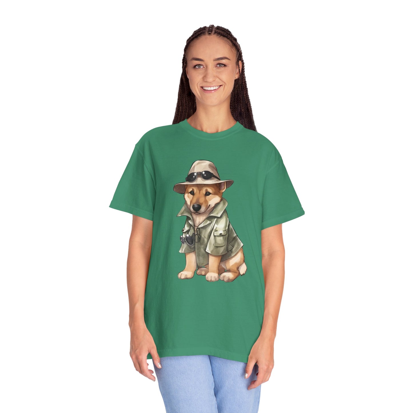 Unisex Dog Lover T-Shirt With a Graphic of German Shepherd Wearing Detector's Hat and Costume