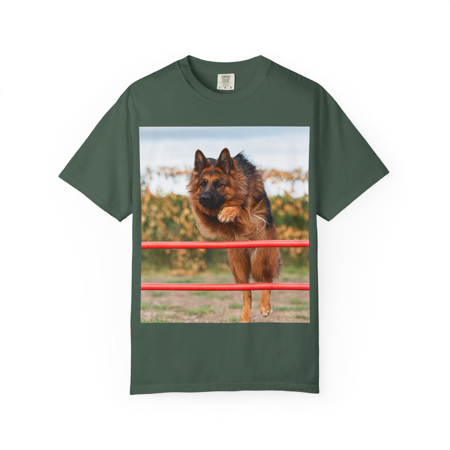 Dog Lover Unisex T-Shirt Featuring Photograph of Showline German Shepherd Jumping Agility Fence