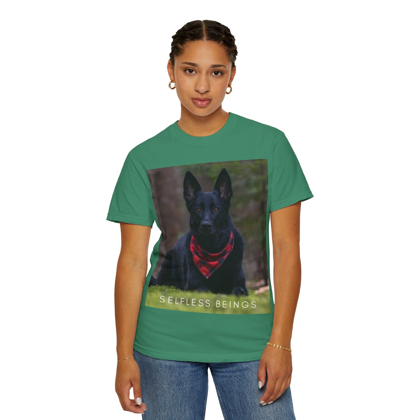 Unisex Dog Lover T-Shirt With a Solid Black German Shepherd Wearing a Red Romal Sitting and Caption Selfless Beings