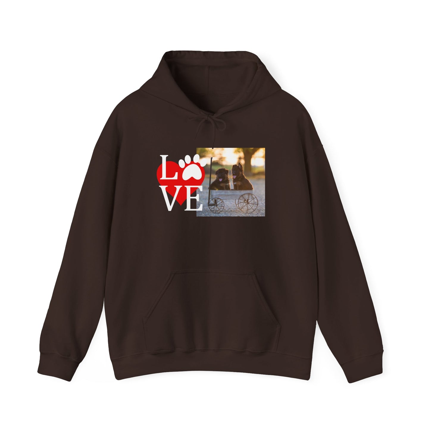 Unisex Dog Lover Hoodie With Two Cute German Shepherd Puppies Sitting on a Cart and Caption Love On Top of Red Heart