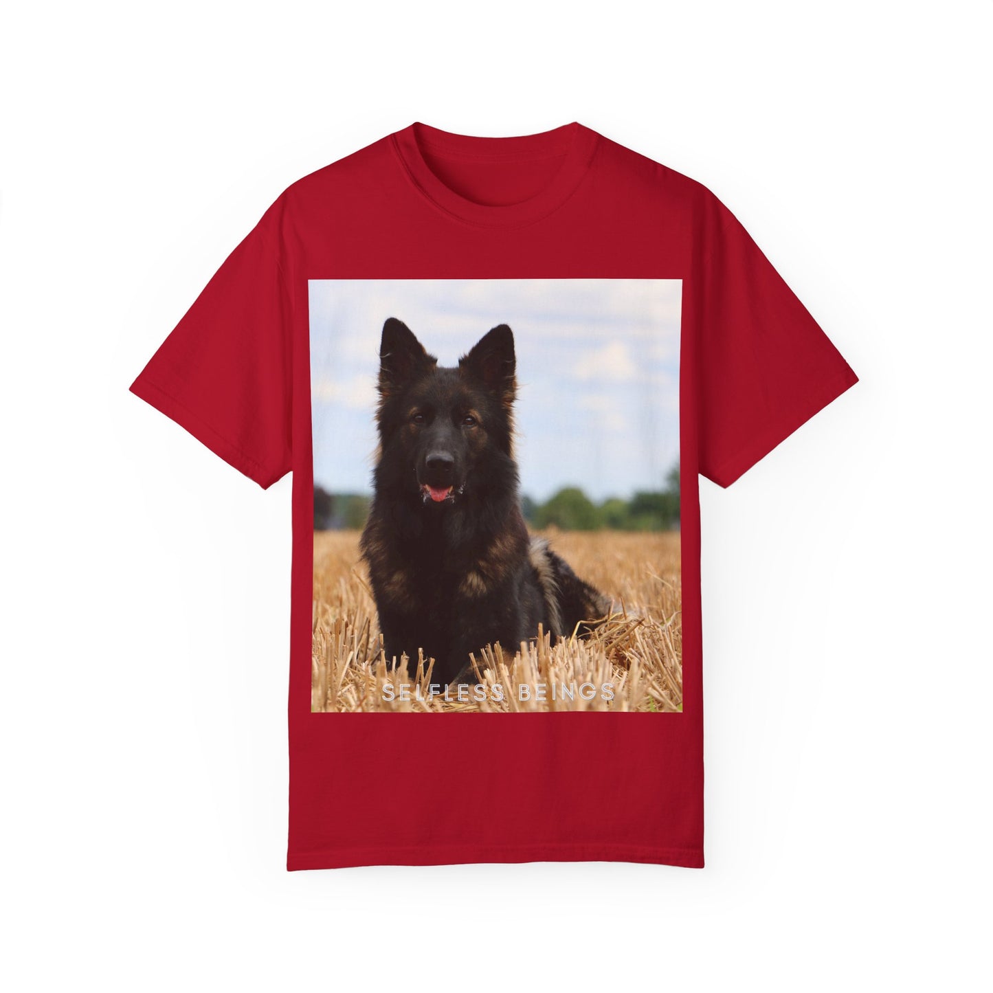 Unisex Dog Lover T-Shirt With Beautiful German Shepherd Sitting Over a Stover and Caption Selfless Beings
