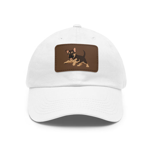 Dad Hat with Leather Patch - Cute Playing German Shepherd Puppy