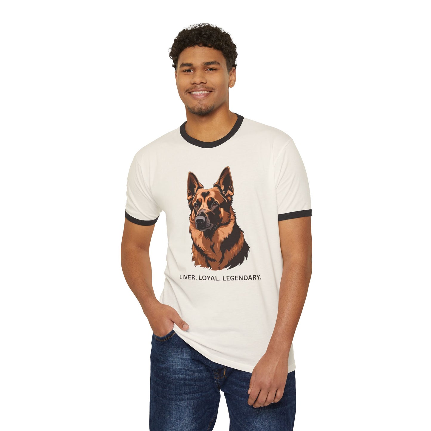 Liver German Shepherd Ringer Tee - Liver Loyal Legendary, Unisex Cotton T-Shirt for Dog Lovers, Pet Owner Gift, Casual Wear, Birthday Present, Animal Enthusiast Apparel