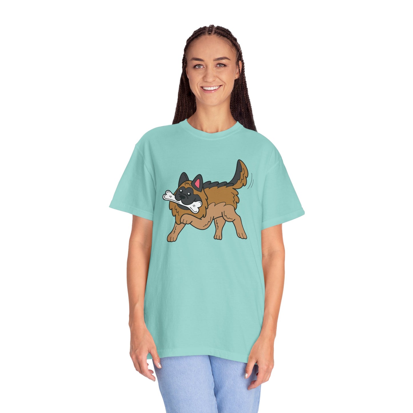 Unisex Dog Lover T-Shirt With a Graphic of a German Shepherd Holding a White Bone in Mouth