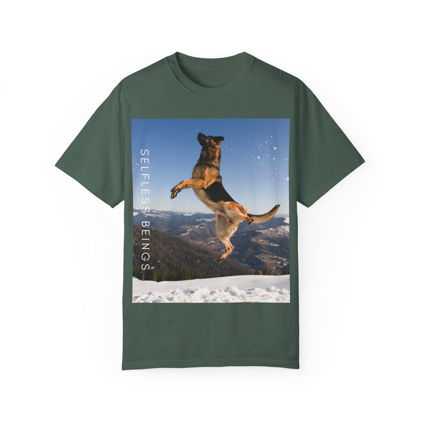 Unisex Dog Lover T-Shirt With a German Shepherd in the Air on Top of Snow Mountain and Caption Selfless Beings