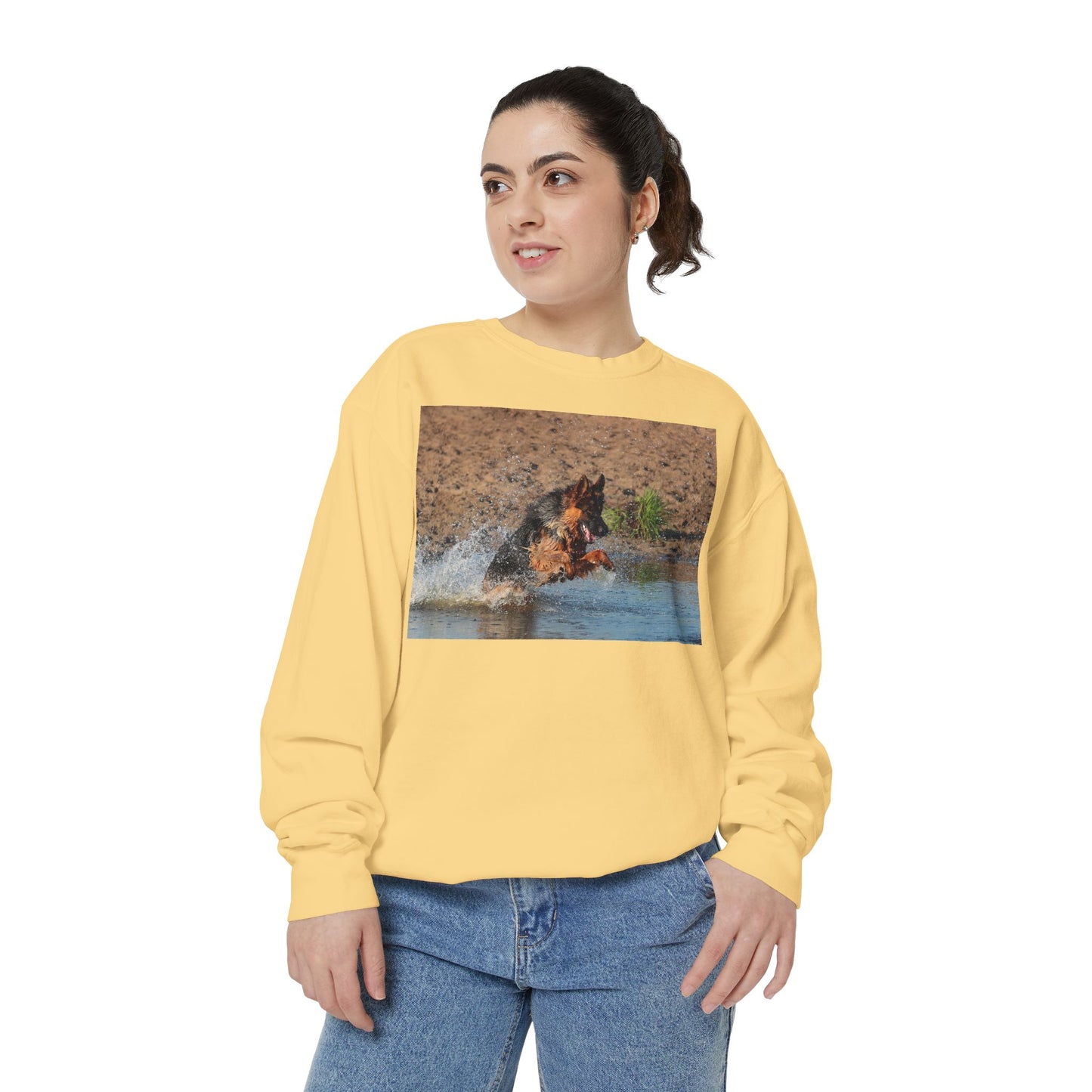 Unisex Dog Lover Sweatshirt With a Long Coat German Shepherd Jumps in the River