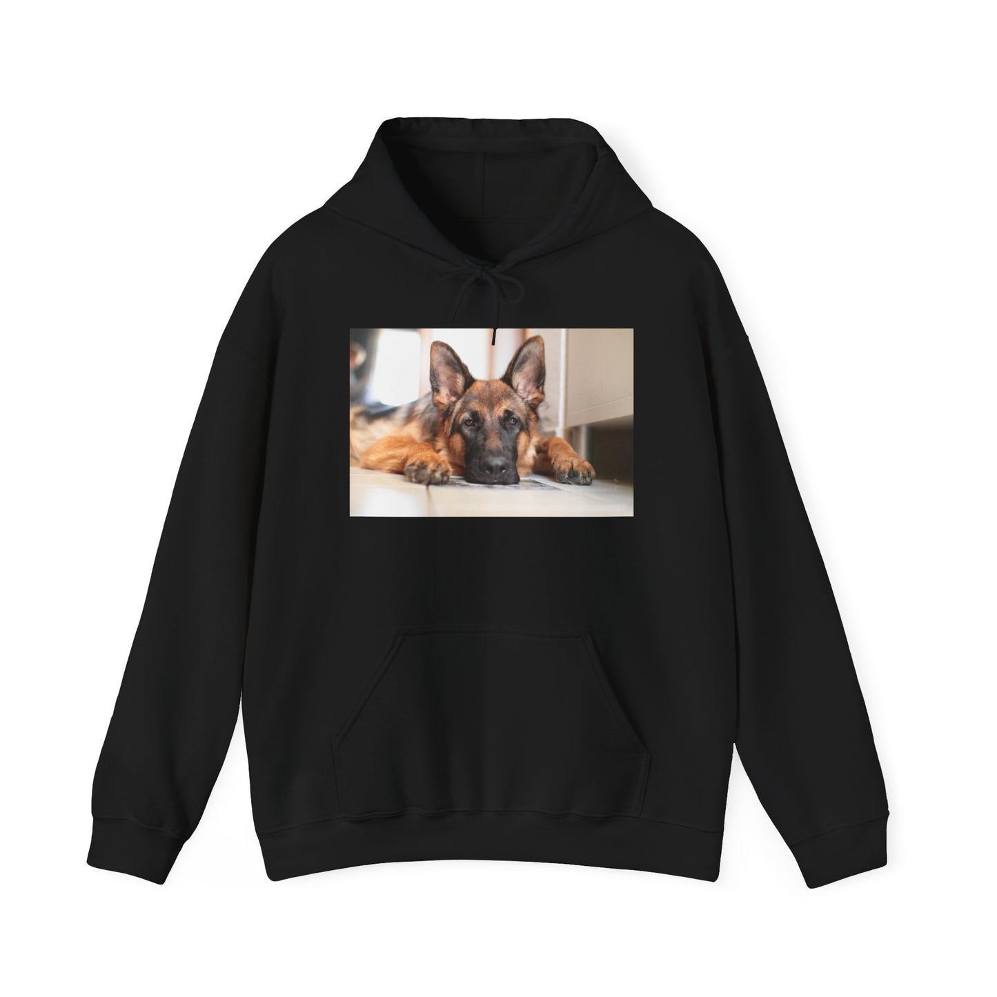 A Unisex Hoodie With a German Shepherd Lying His Head on the Floor