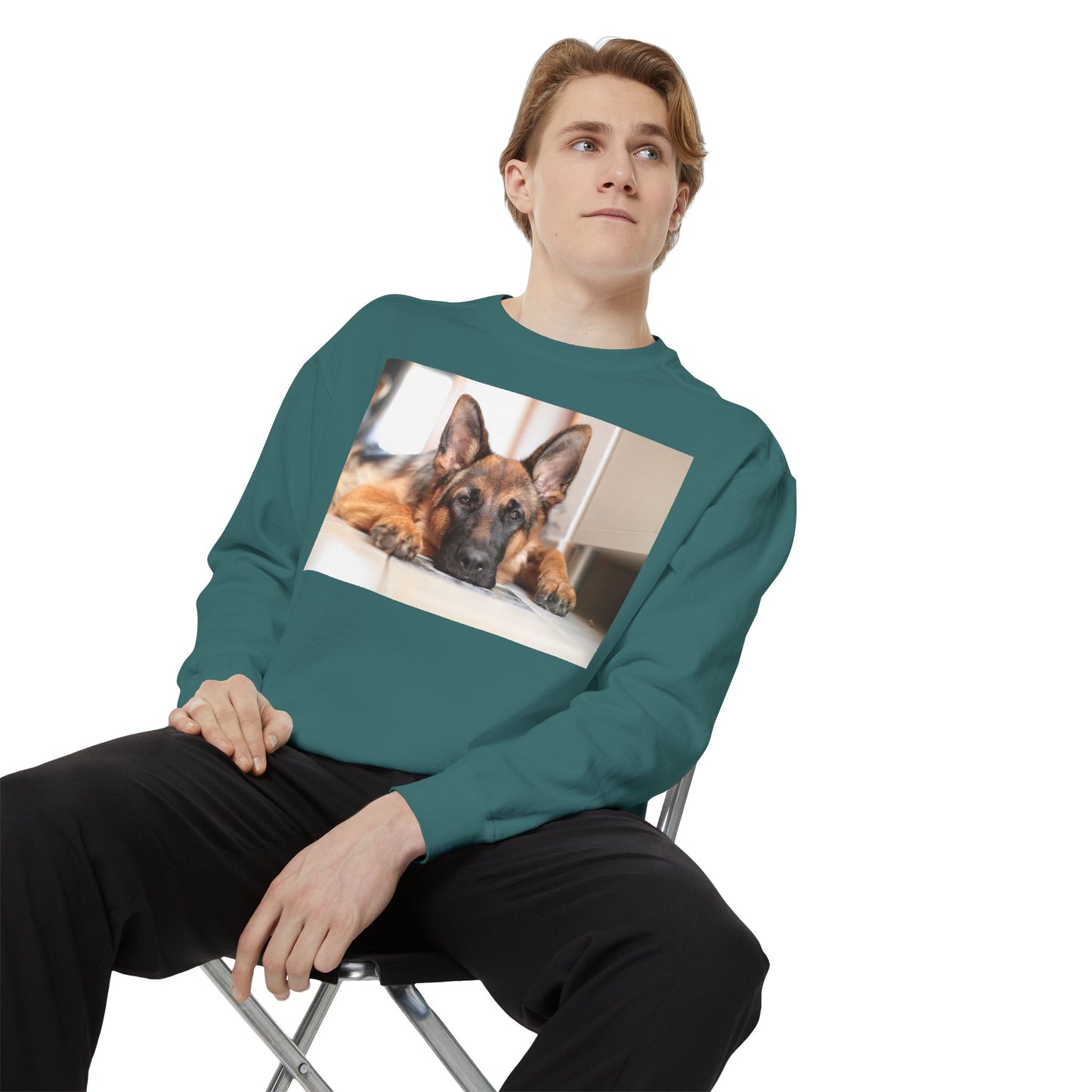 Unisex Dog Lover Sweatshirt With a German Shepherd Lying His Head on the Floor