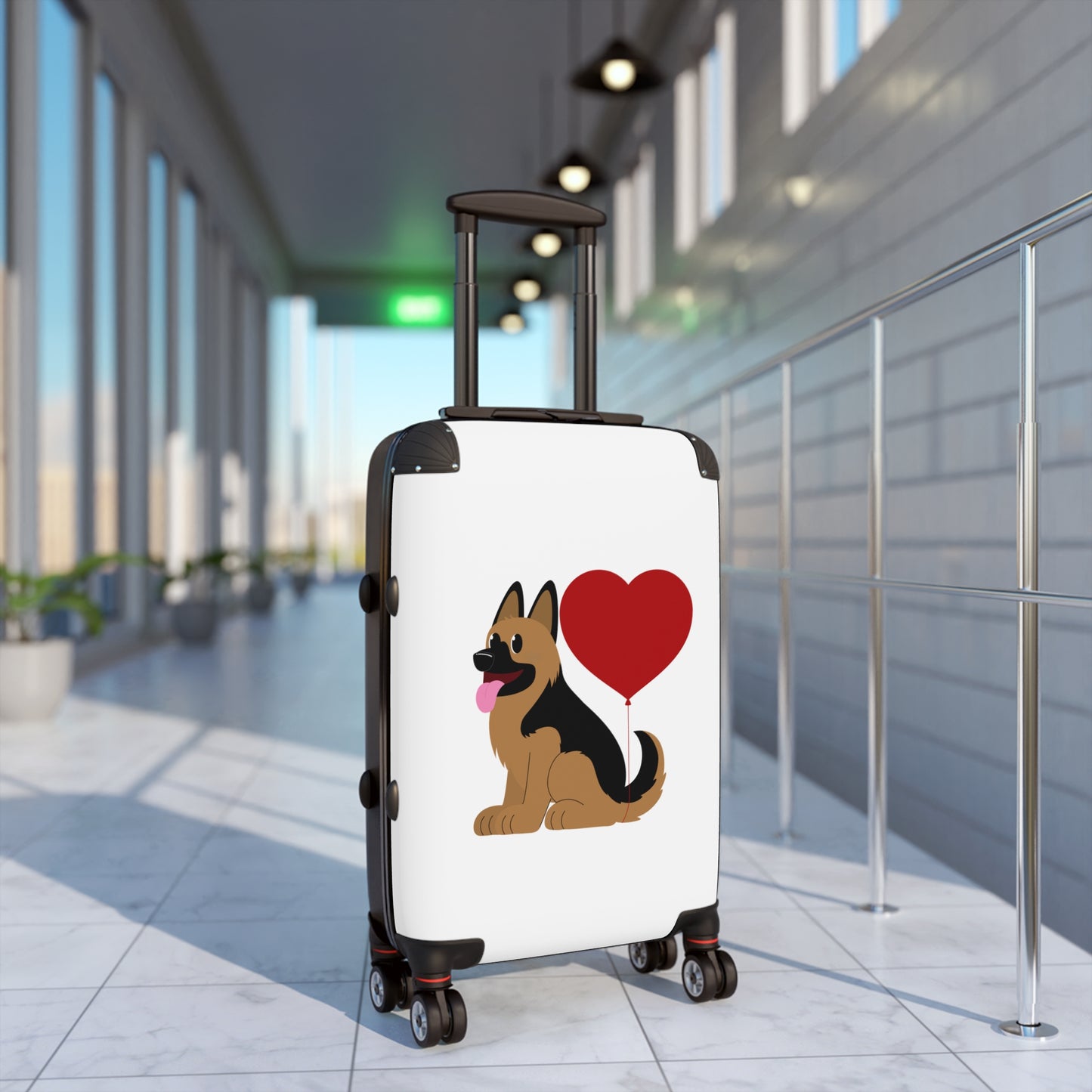 Dog Lover's Suitcase Featuring Graphic of a German Shepherd Puppy and Heart Shaped Balloon Attached to Tail