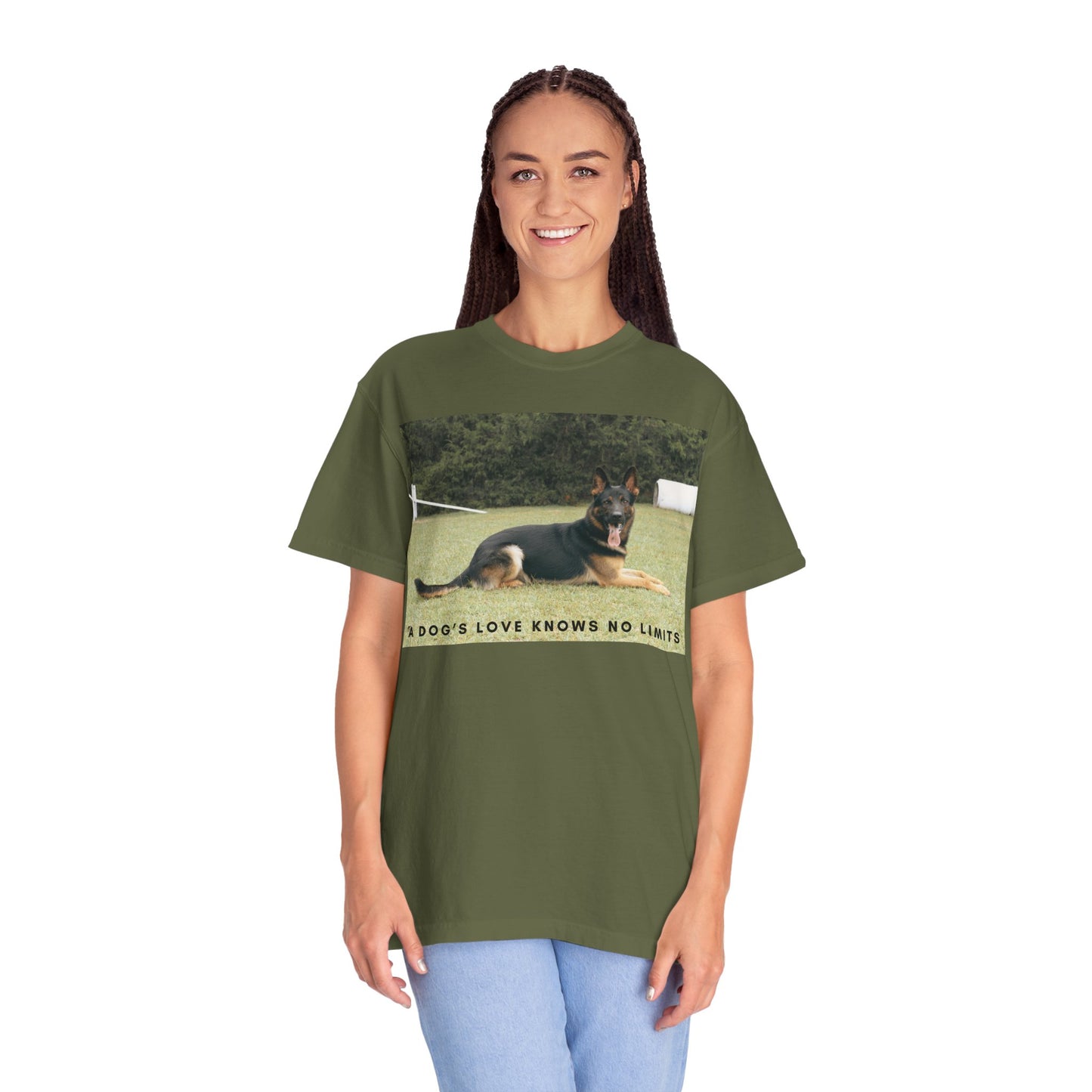 Unisex Dog Lover T-Shirt With a Giant German Shepherd Resting On the Grass Leaving Tongue Out and Text A Dog's Love Knows