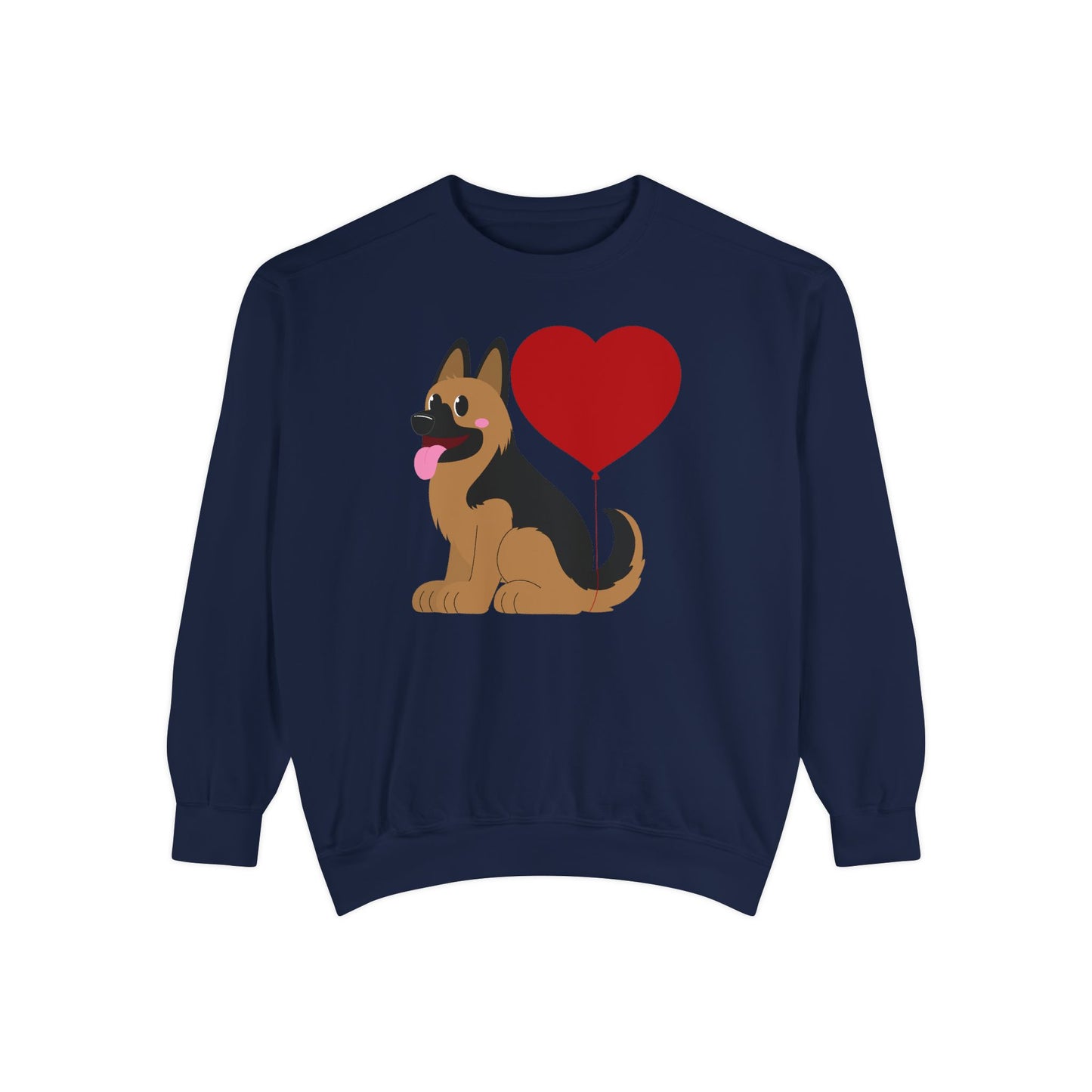 Unisex Dog Lover Sweatshirt With a Graphic of German Shepherd Puppy and Heart Shaped Balloon Attached With Tail