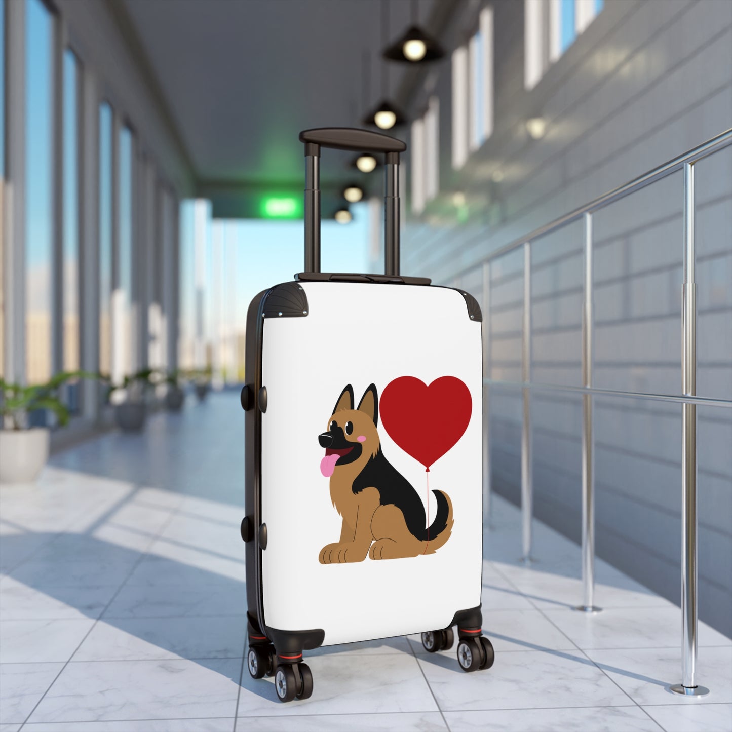 Dog Lover's Suitcase Featuring Graphic of a German Shepherd Puppy and Heart Shaped Balloon Attached to Tail