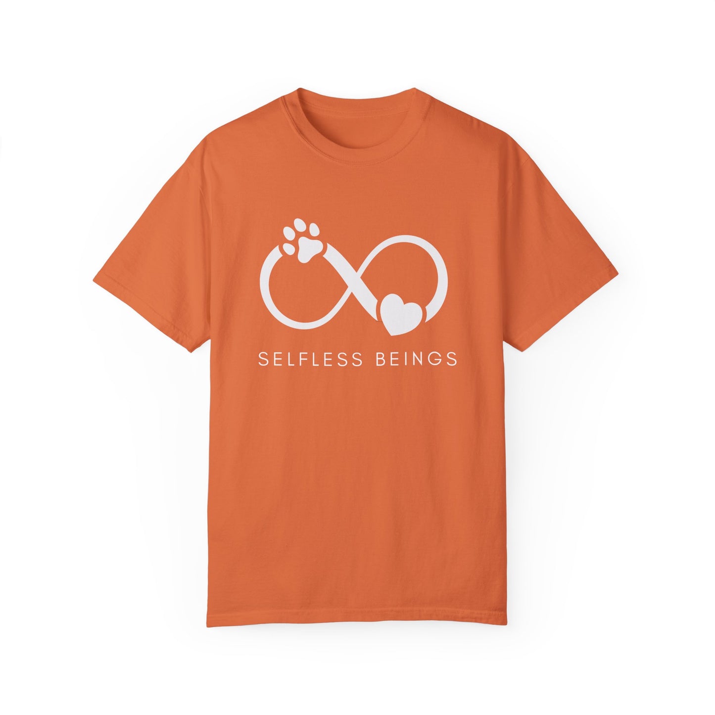 Unisex Dog Lover T-Shirt With Paw Print and Heart on Infinity Symbol and Caption Selfless Beings Below