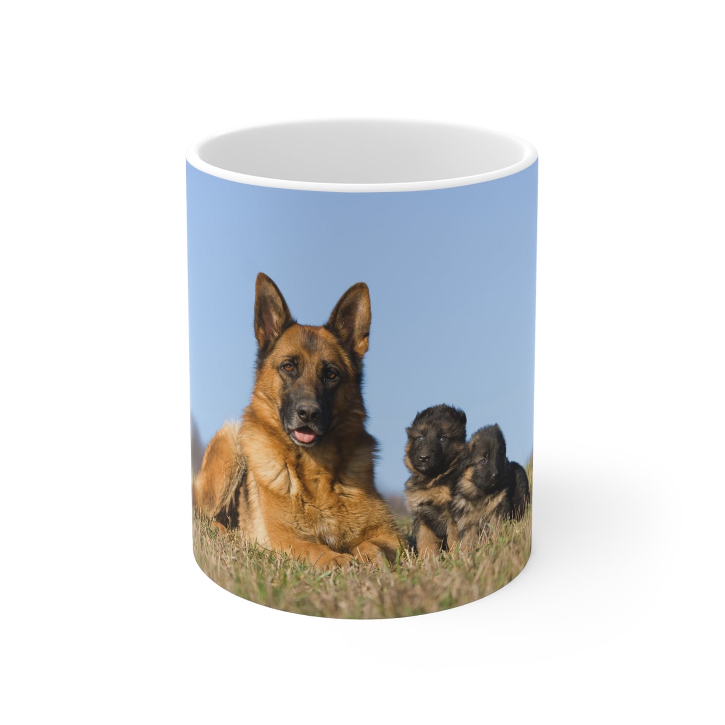 White Ceramic Dog Lover Mug With a German Shepherd and Two Puppies