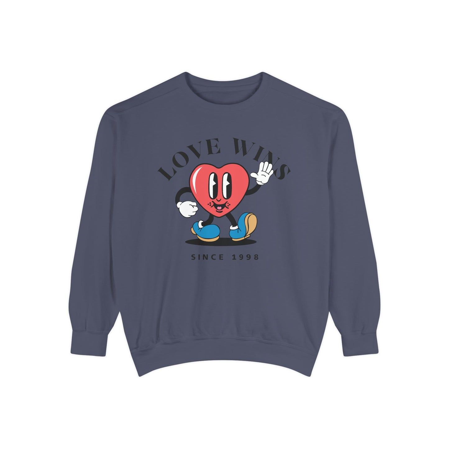 Unisex Valentine's Day Vintage Sweatshirt With a Heart Character and Caption Love Wins