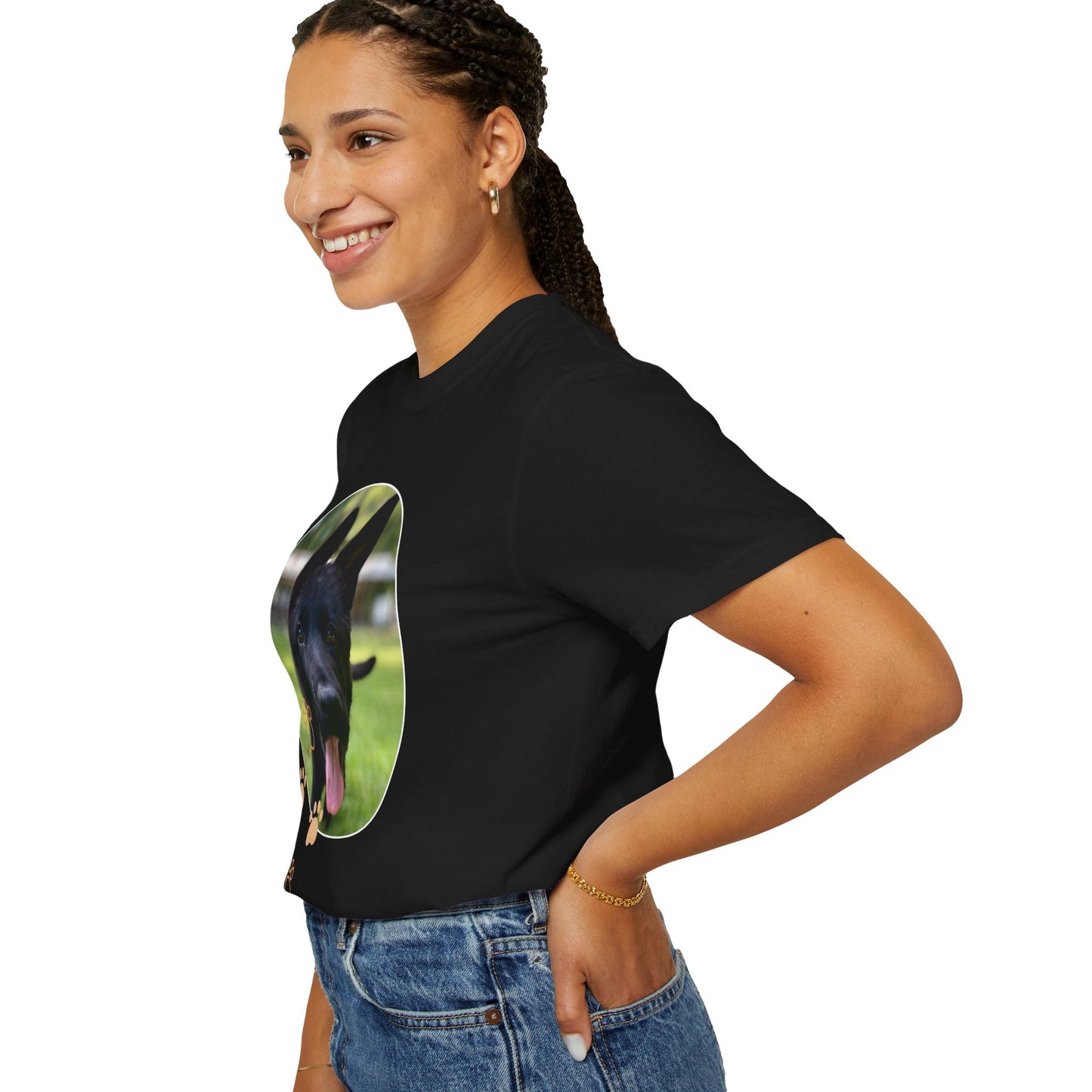 Unisex Dog Lover T-Shirt With Black German Shepherd Puppy Walking on Grass Leaving Tongue Out and Paw Icons