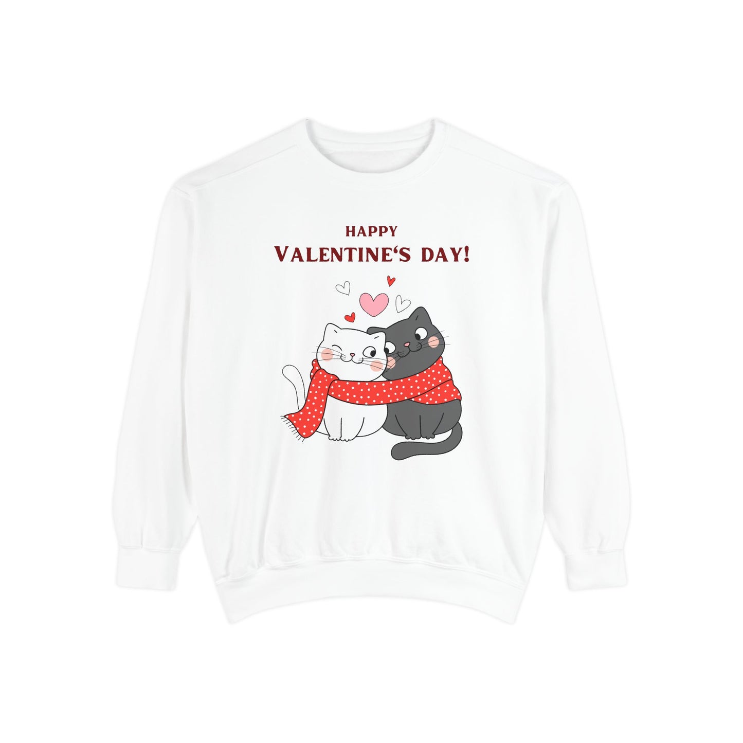 Unisex Valentine's Day Sweatshirt With Black and Grey Cat Couple and Caption Happy Valentine's Day