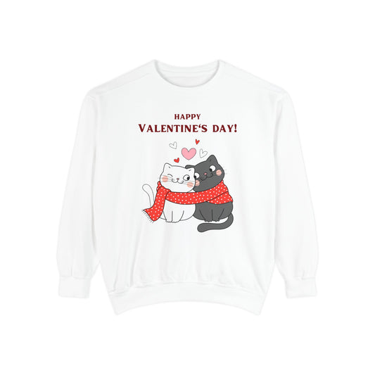 Unisex Valentine's Day Sweatshirt With Black and Grey Cat Couple and Caption Happy Valentine's Day