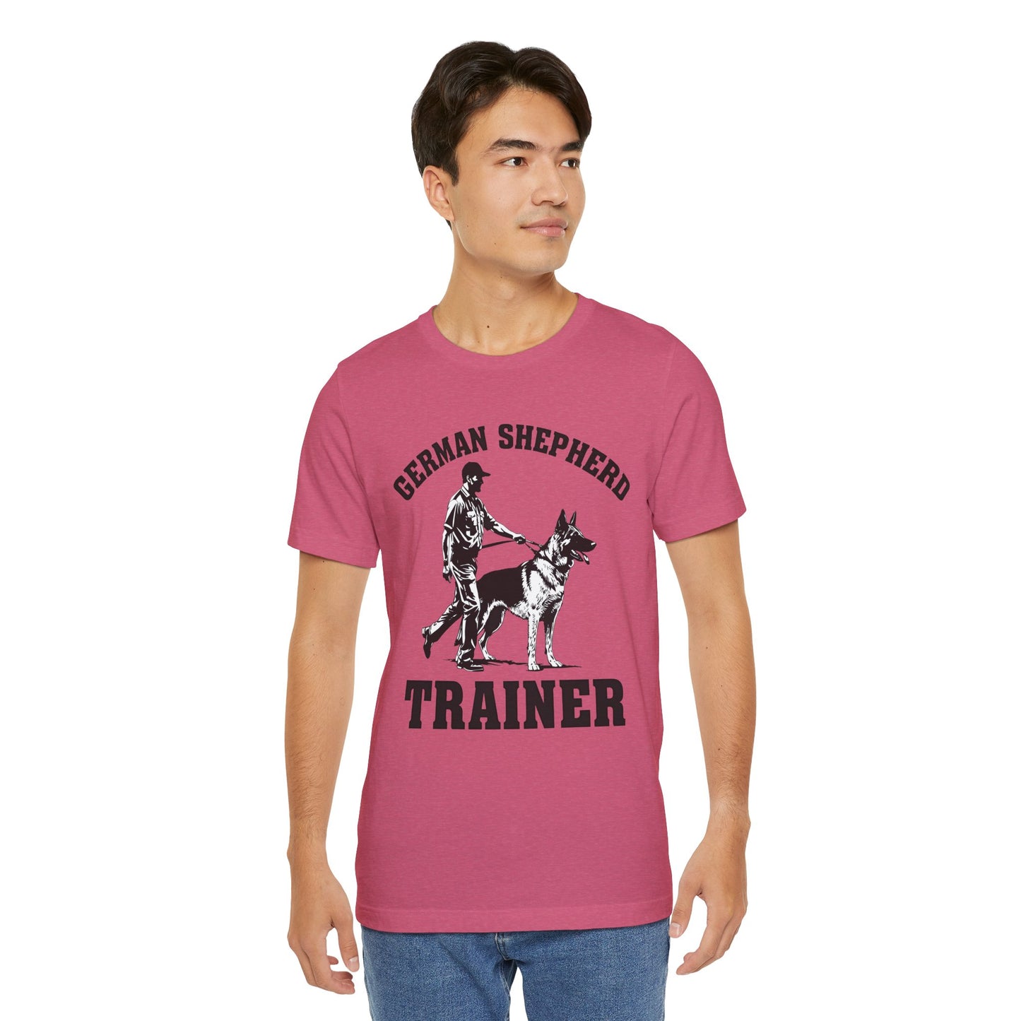 German Shepherd Trainer Tee - Black and White Design of Man Holding a German Shepherd