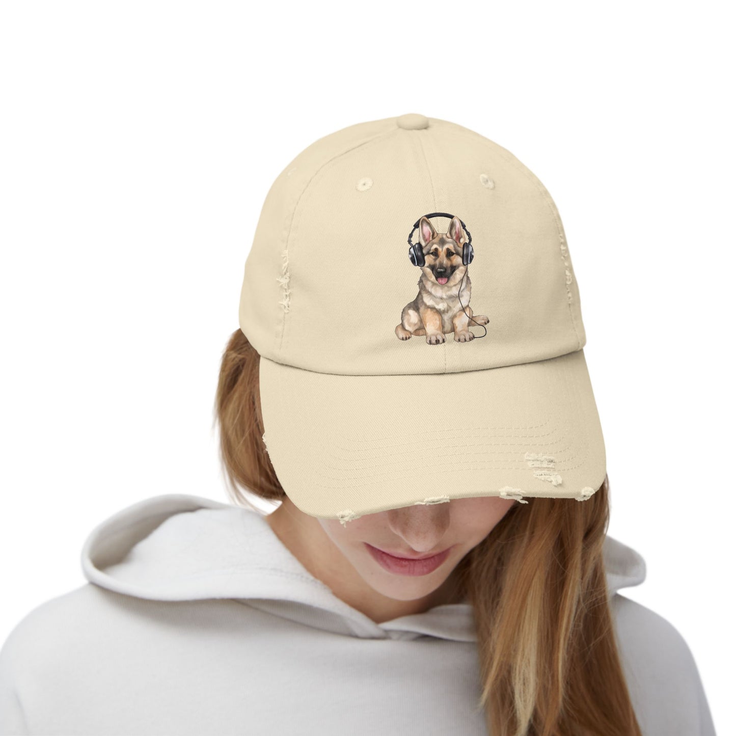 Distressed Dog Cap with German Shepherd Wearing Headphones | Pet Lover Gift | Adjustable Cap