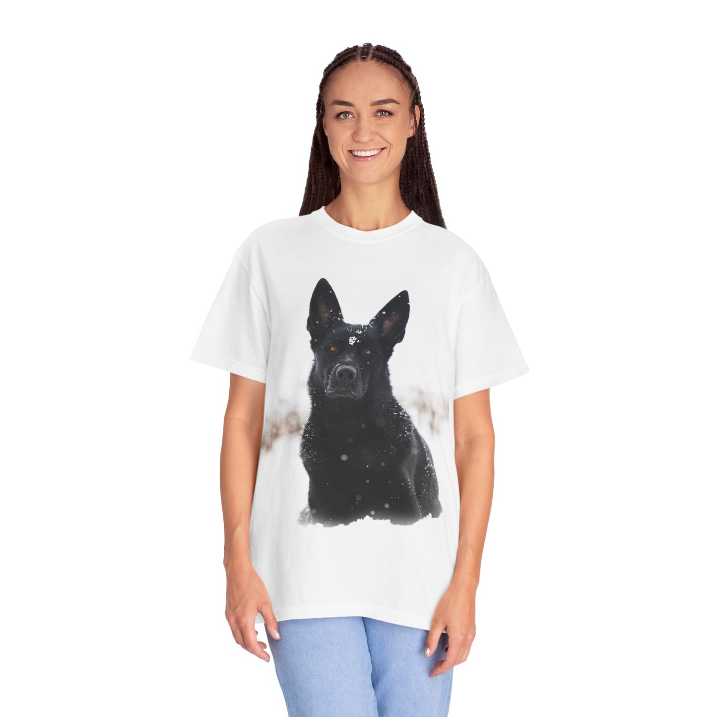 Unisex Dog Lover T-Shirt Featuring a Giant Black Working Line German Shepherd in the Snow