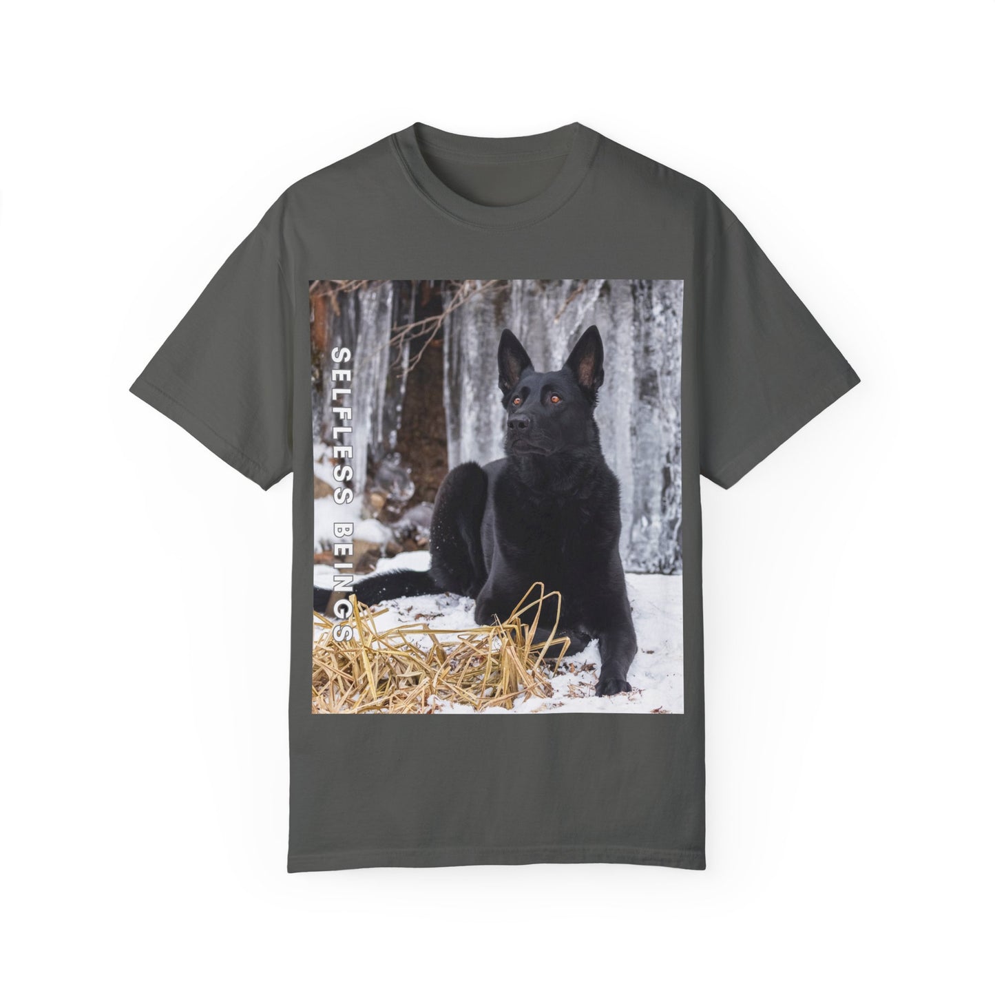Unisex Dog Lover T-Shirt With Solid Black German Shepherd Sitting on the Snow, Ice Spikes in the Background and Caption Selfless Beings