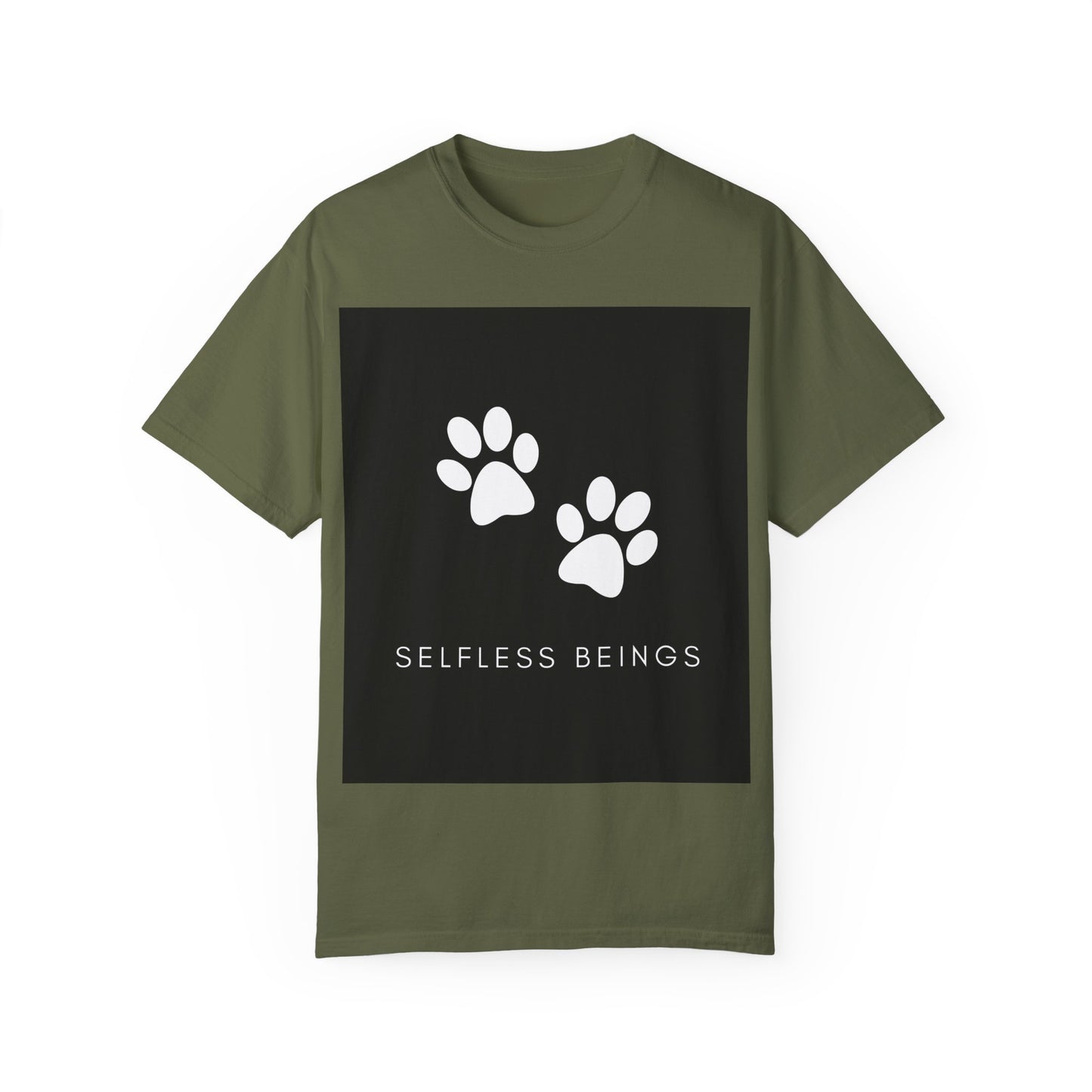 Unisex Dog Lover T-Shirt With White Dog Paw Prints and Caption Selfless Beings