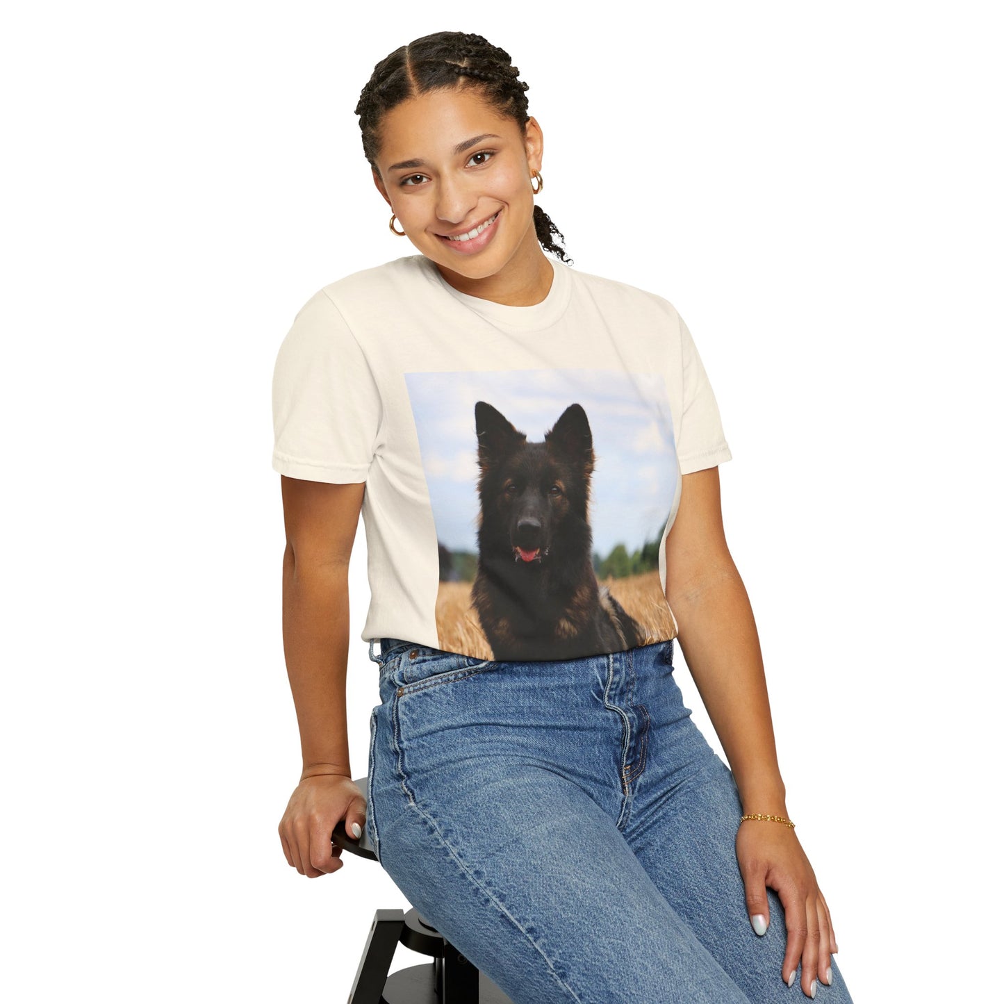 Unisex Dog Lover T-Shirt With Beautiful German Shepherd Sitting Over a Stover and Caption Selfless Beings