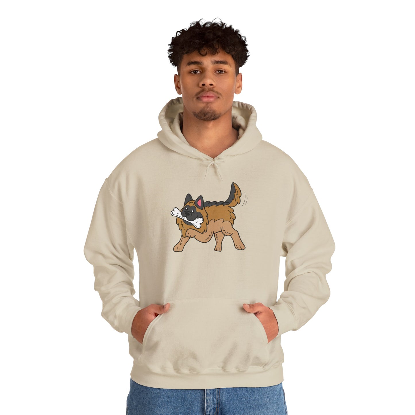 Unisex Dog Lover Hoodie With a Graphic of a German Shepherd Holding a White Bone in Mouth