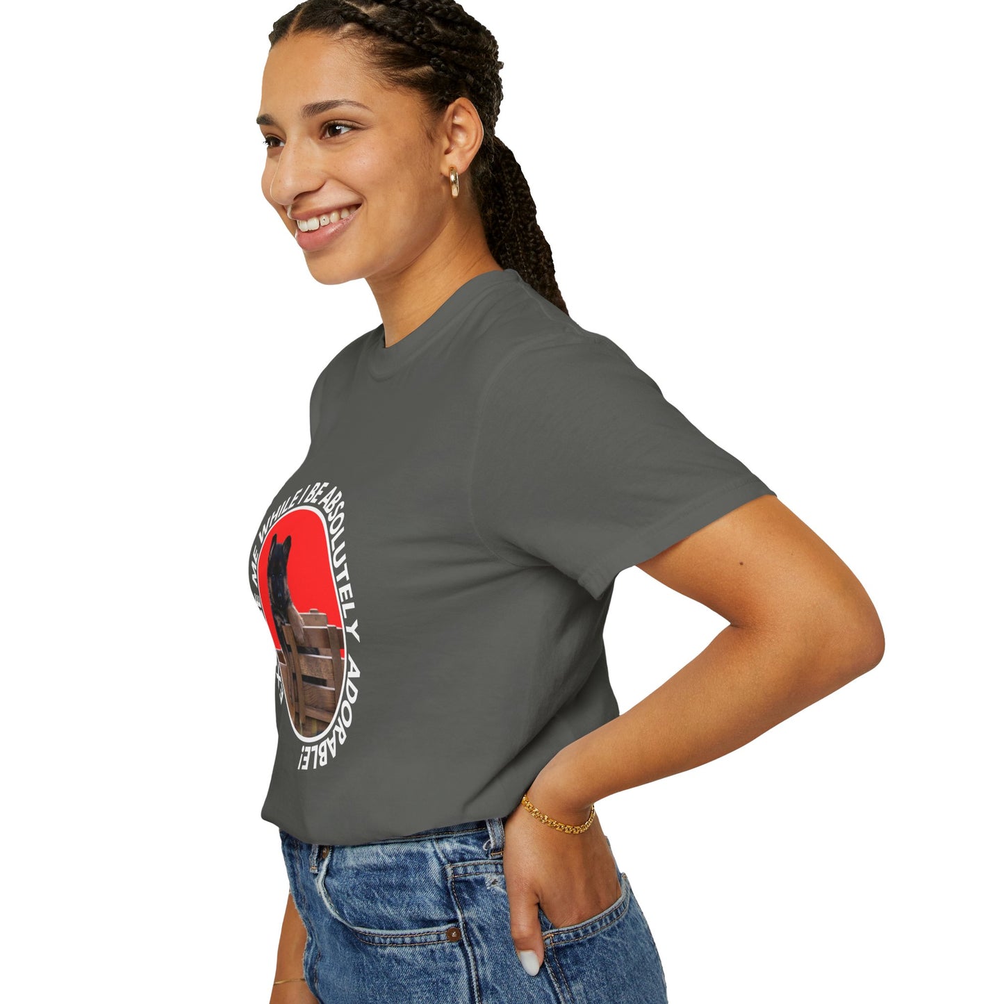 Unisex T-Shirt With Cute German Shepherd Puppy Sitting on the Toy Wooden Tractor and Caption Excuse Me While I Be Absolutely Adorable